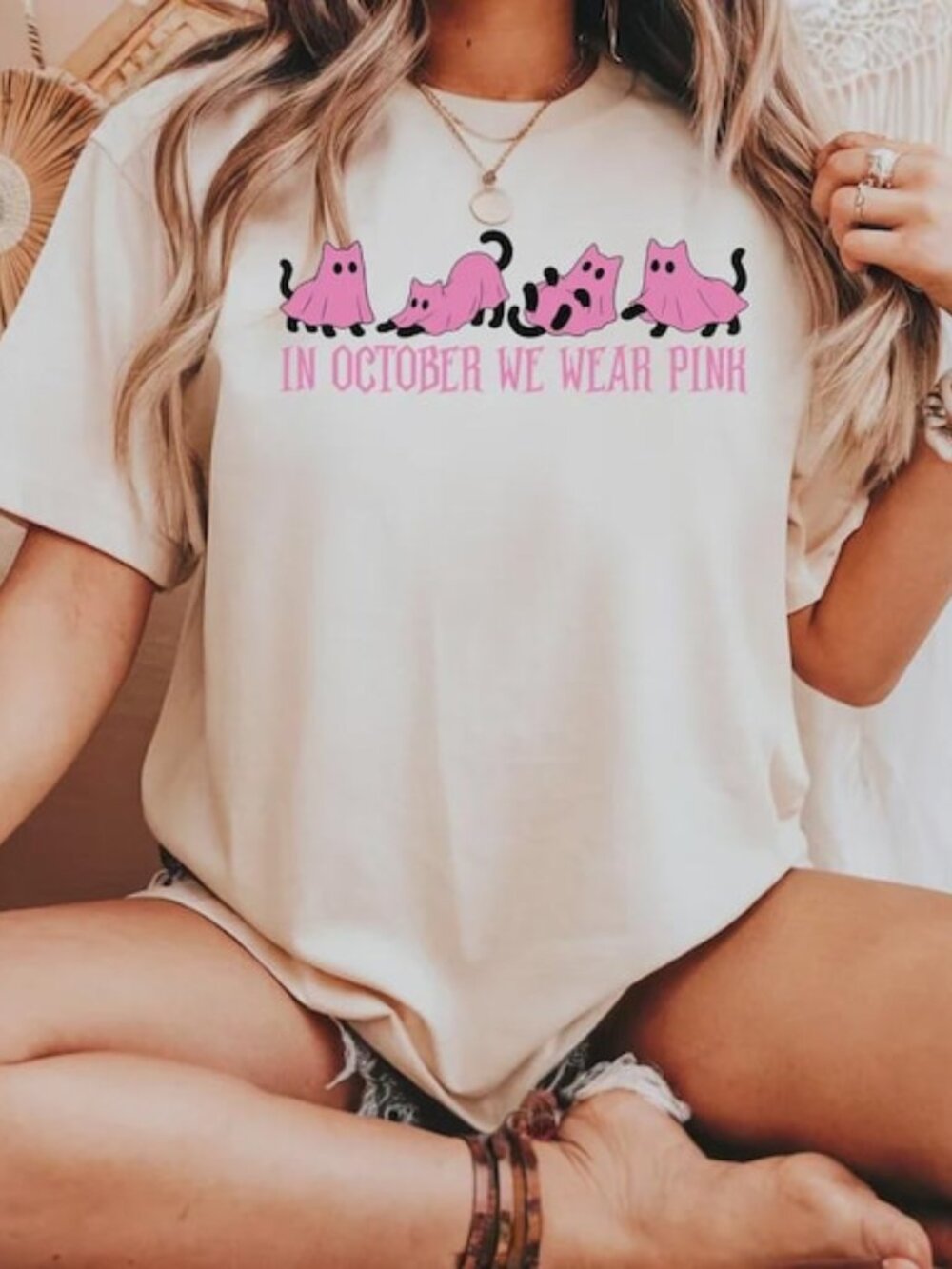 In October We Wear Pink Ghost Cat Shirt, Breast Cancer Awareness Halloween Tee